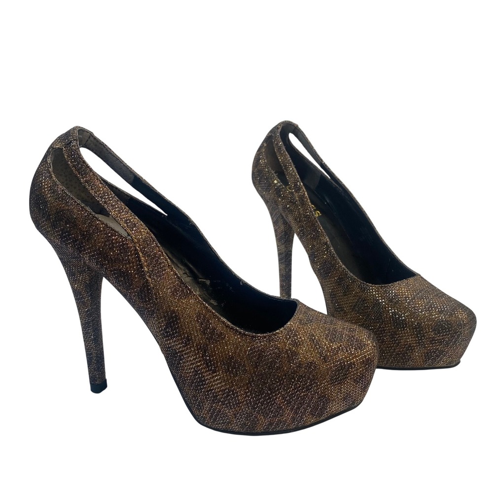 Vintage GUESS Platform Pumps Womens‎ 7M Leopard Metallic Glitter Cutout Heel Y2k